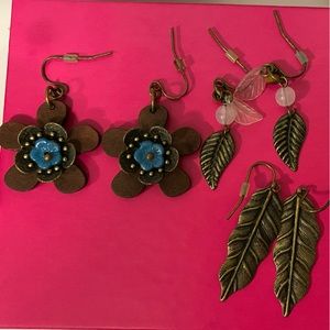 Set of 3 Boho flower / leaf leaves earrings